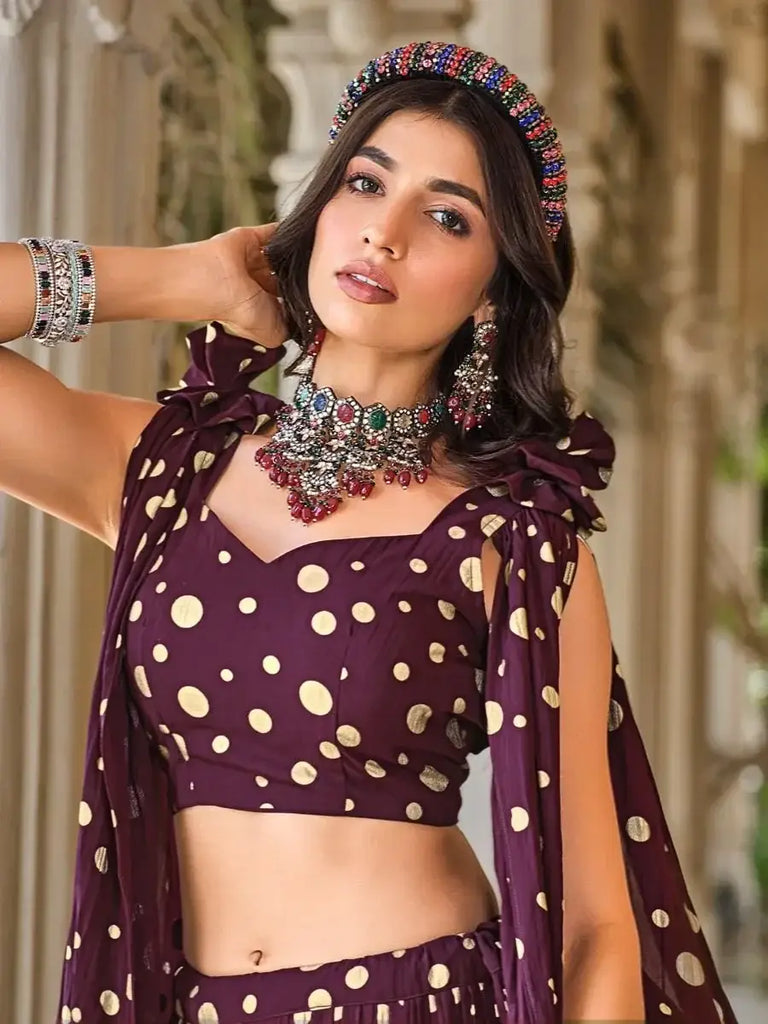 Stunning Wine Foil Work Georgette Party Wear Lehenga Choli