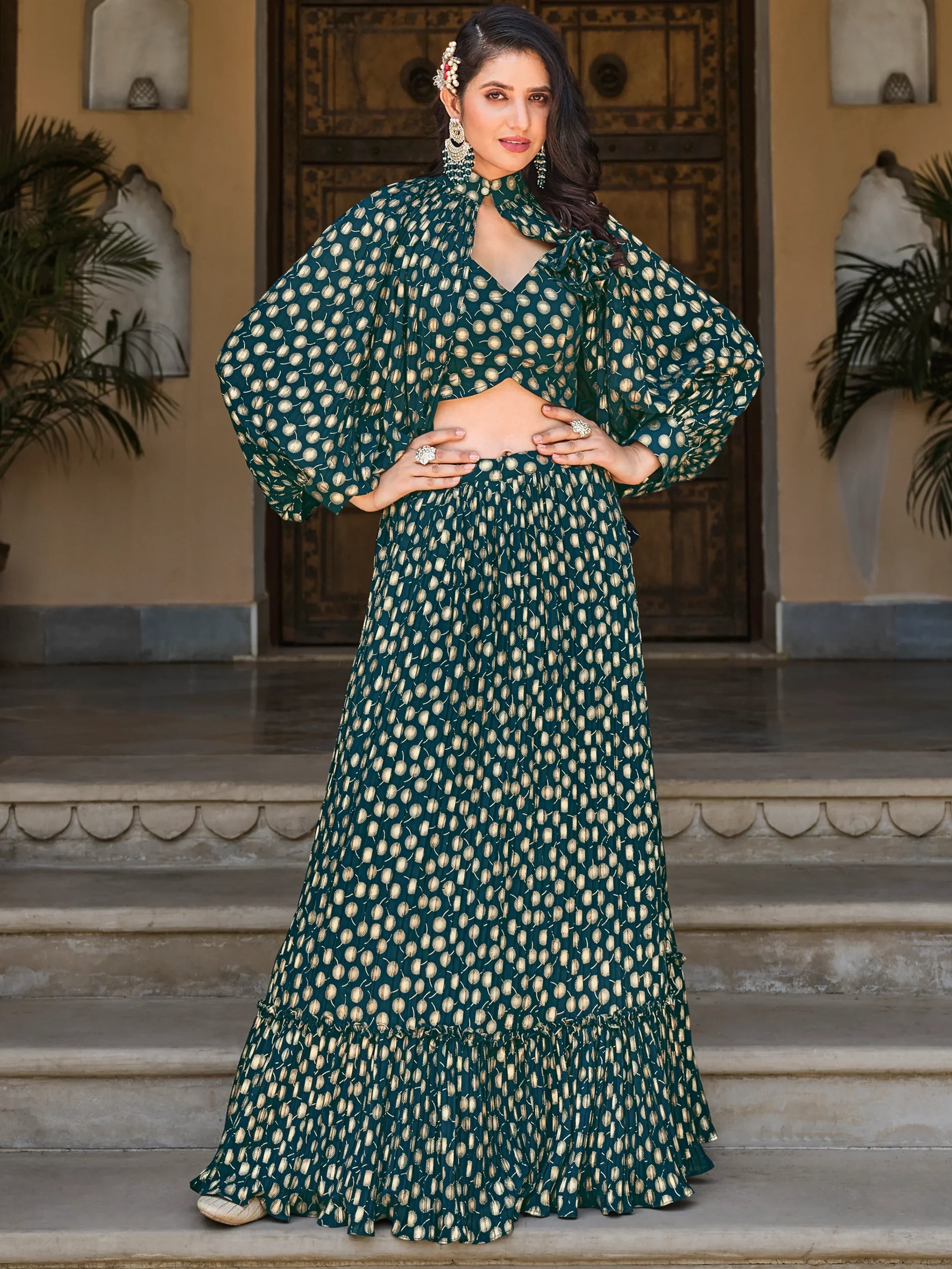 Spectacular Green Foil Work Georgette Skirt Crop Top With Jacket