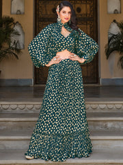 Spectacular Green Foil Work Georgette Skirt Crop Top With Jacket