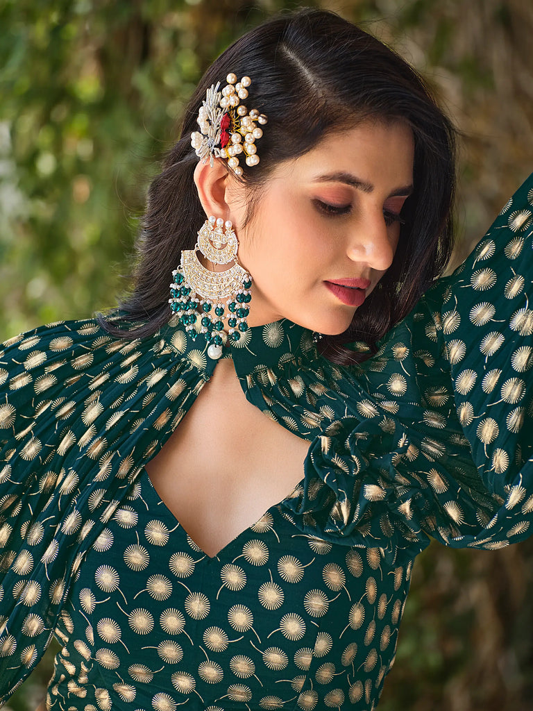 Spectacular Green Foil Work Georgette Skirt Crop Top With Jacket