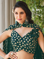 Spectacular Green Foil Work Georgette Skirt Crop Top With Jacket