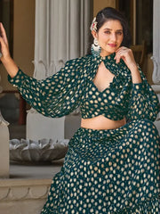 Spectacular Green Foil Work Georgette Skirt Crop Top With Jacket