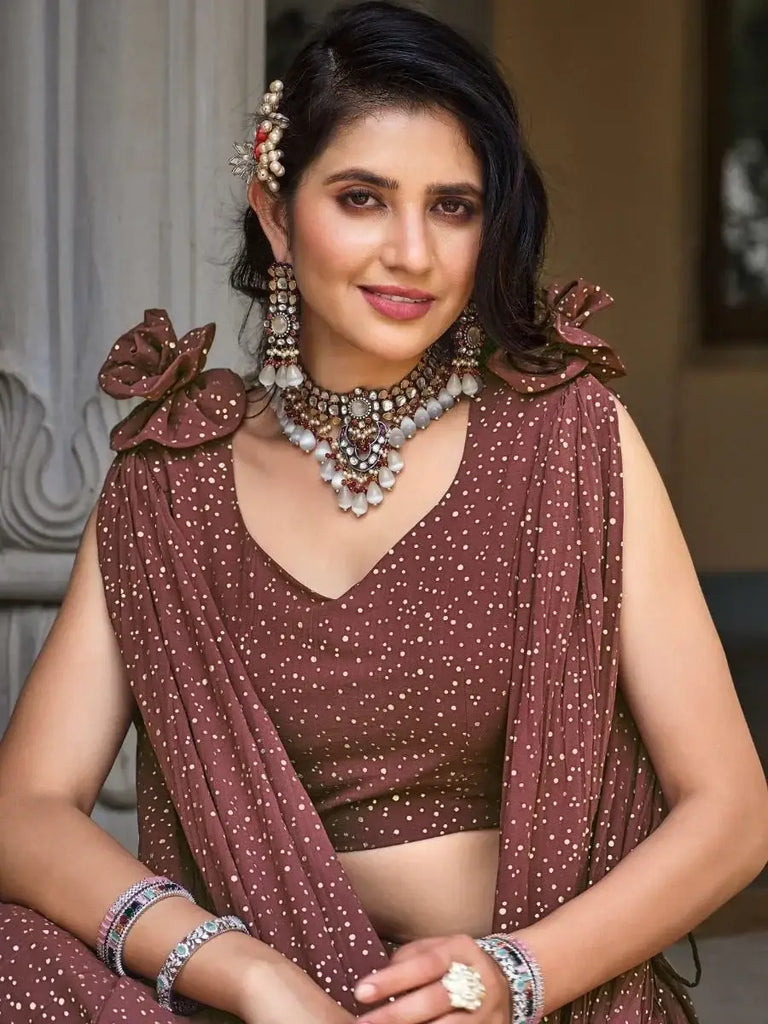 Stunning Brown Foil Work Georgette Cocktail Party Wear Lehenga Choli