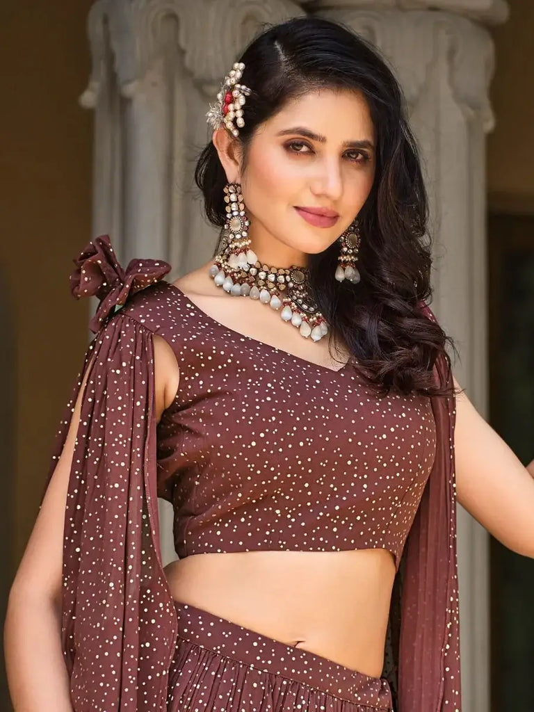 Stunning Brown Foil Work Georgette Cocktail Party Wear Lehenga Choli
