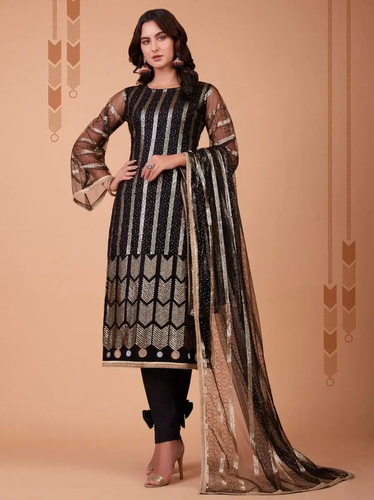 Glamorous Black Sequence Embroidered Net Salwar Suit