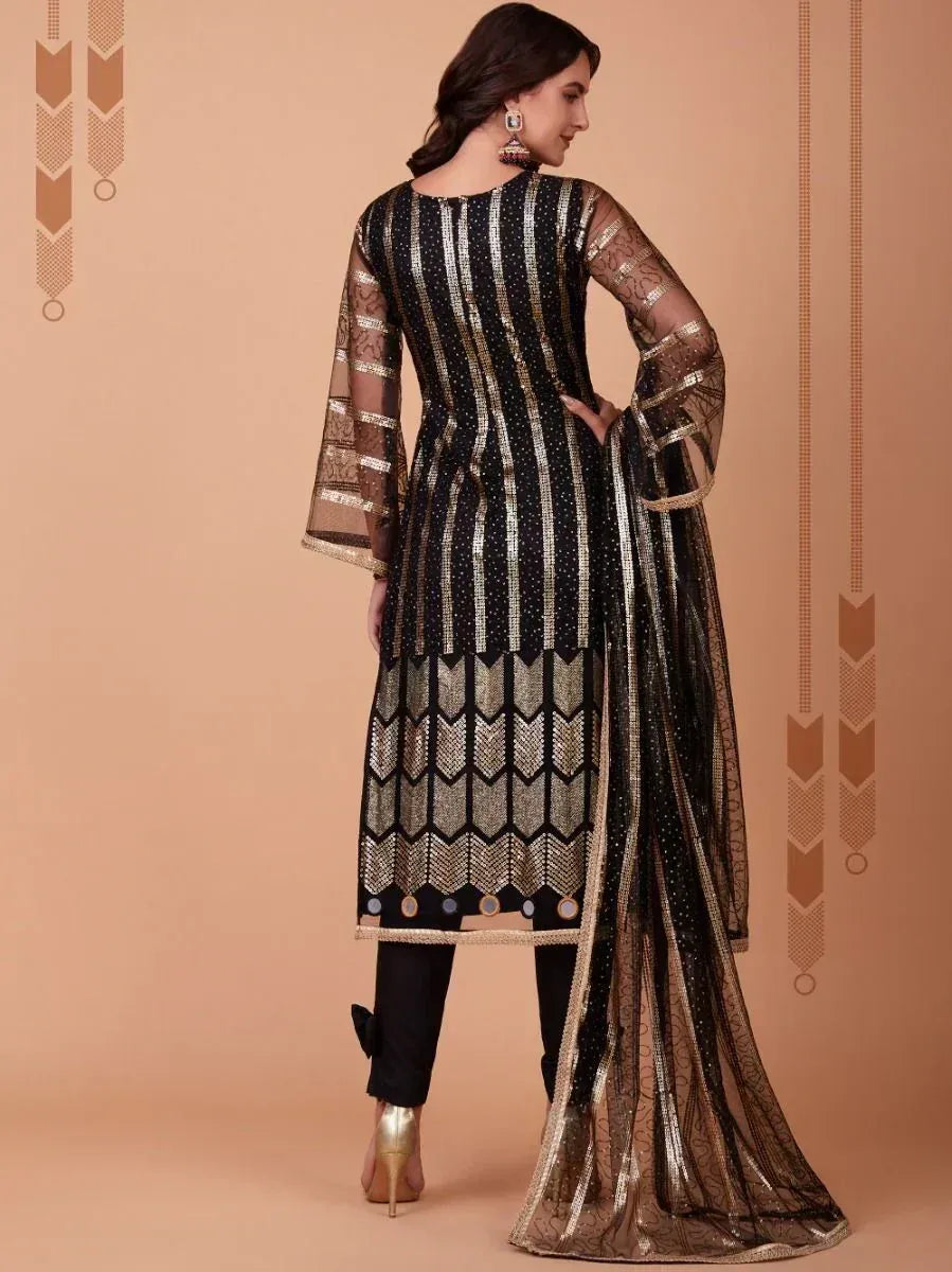 Black and gold embroidered ethnic kurti with sheer sleeves and matching dupatta