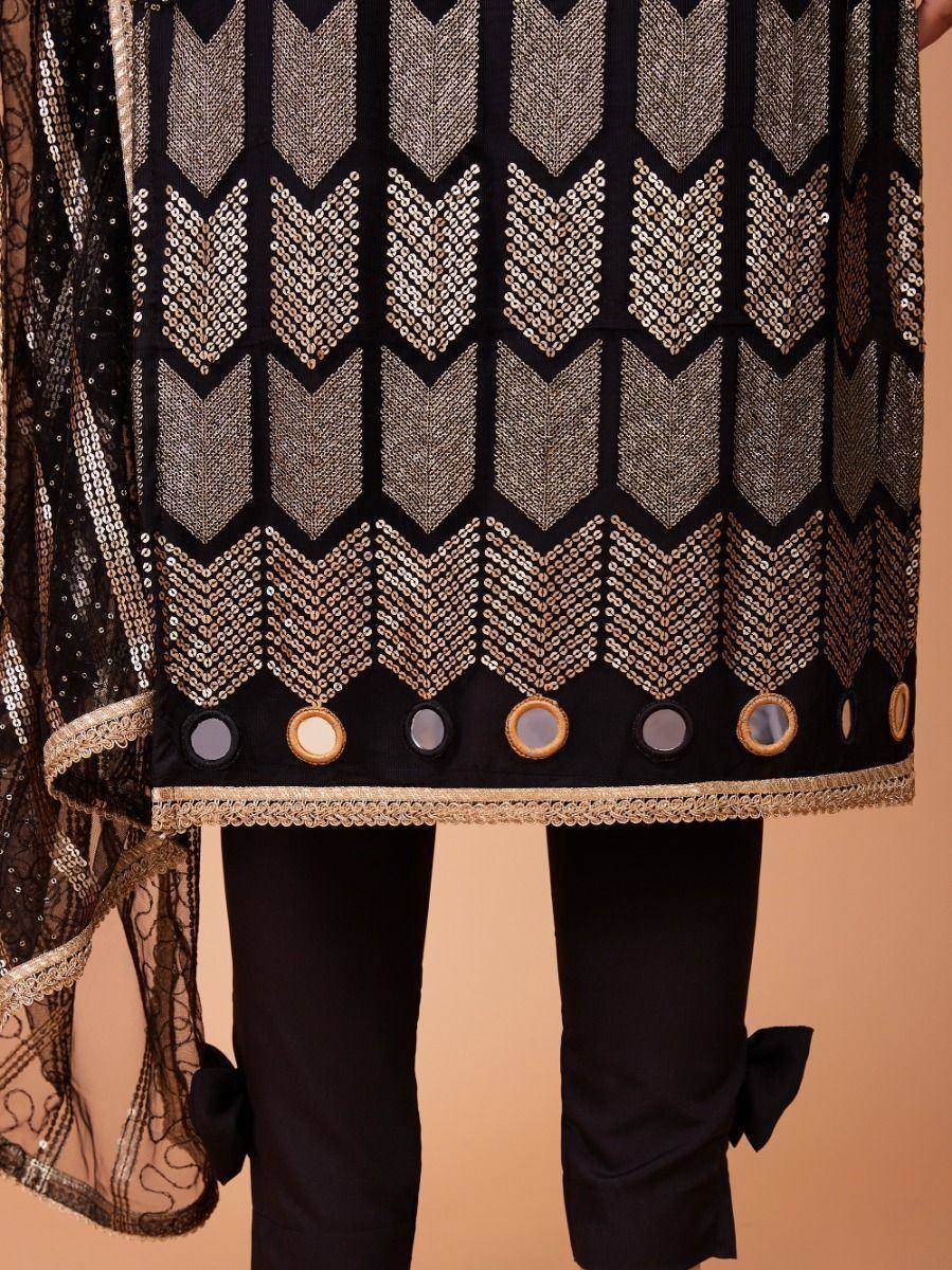 Black ethnic kurta with gold chevron sequin embroidery and mirror work, paired with matching pants