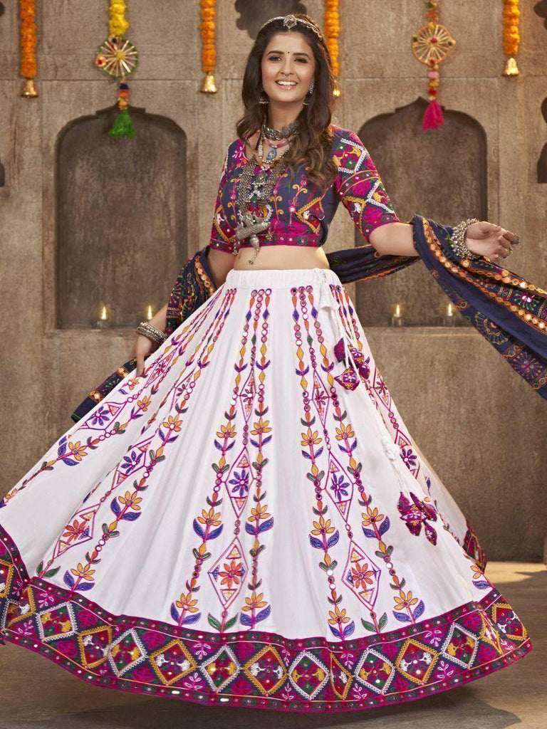 Incredible White Embroidered Rayon Navaratri Wear Lehenga Choli