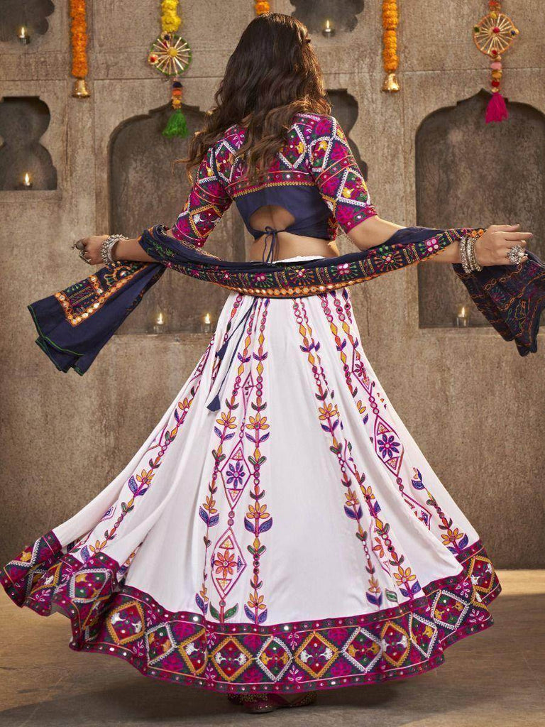 Incredible White Embroidered Rayon Navaratri Wear Lehenga Choli