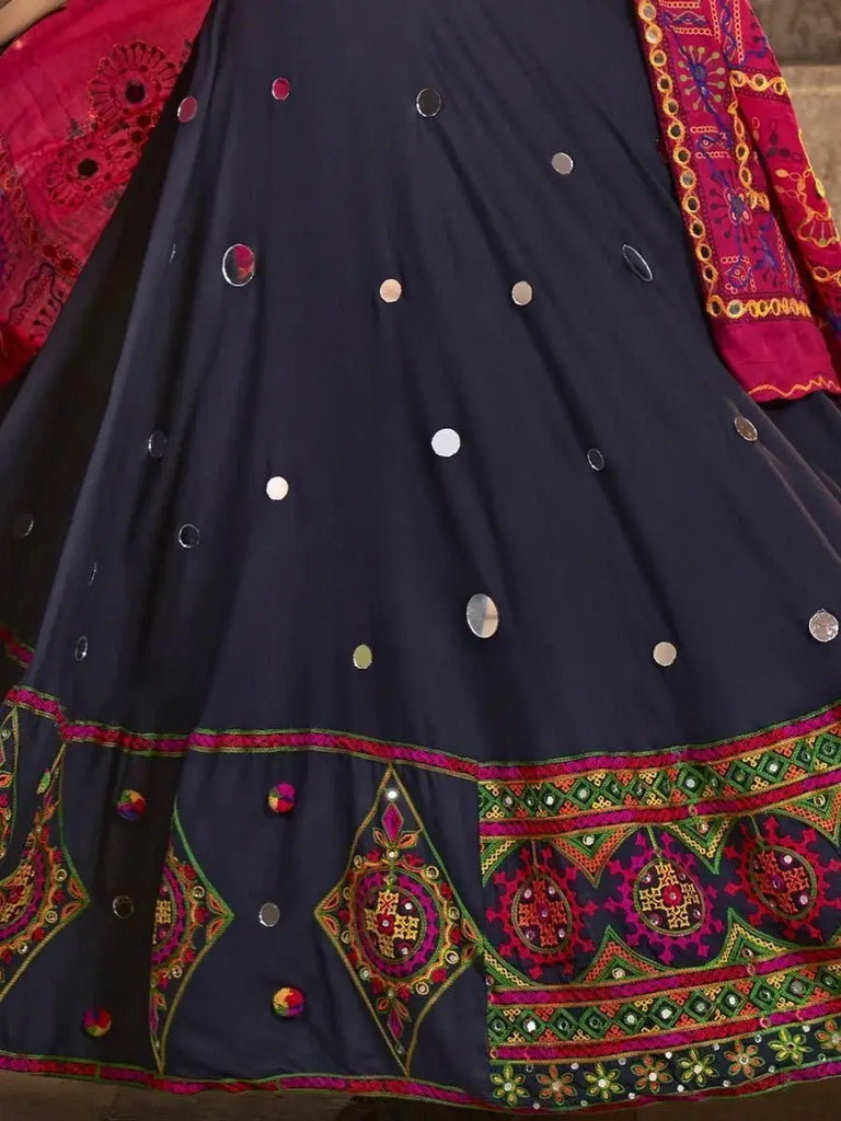 Stunning Navy Blue Embroidered Rayon Navaratri Wear Lehenga Choli