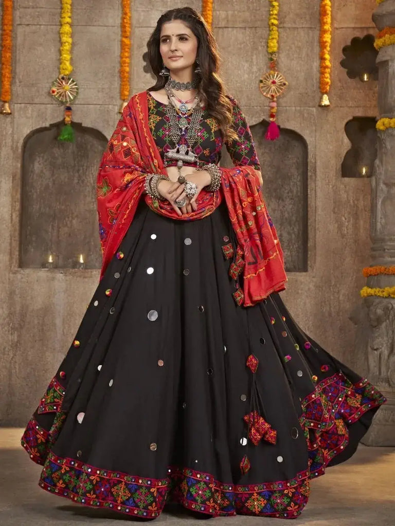 Attractive Black  Embroidered Rayon Navaratri Wear Lehenga Choli