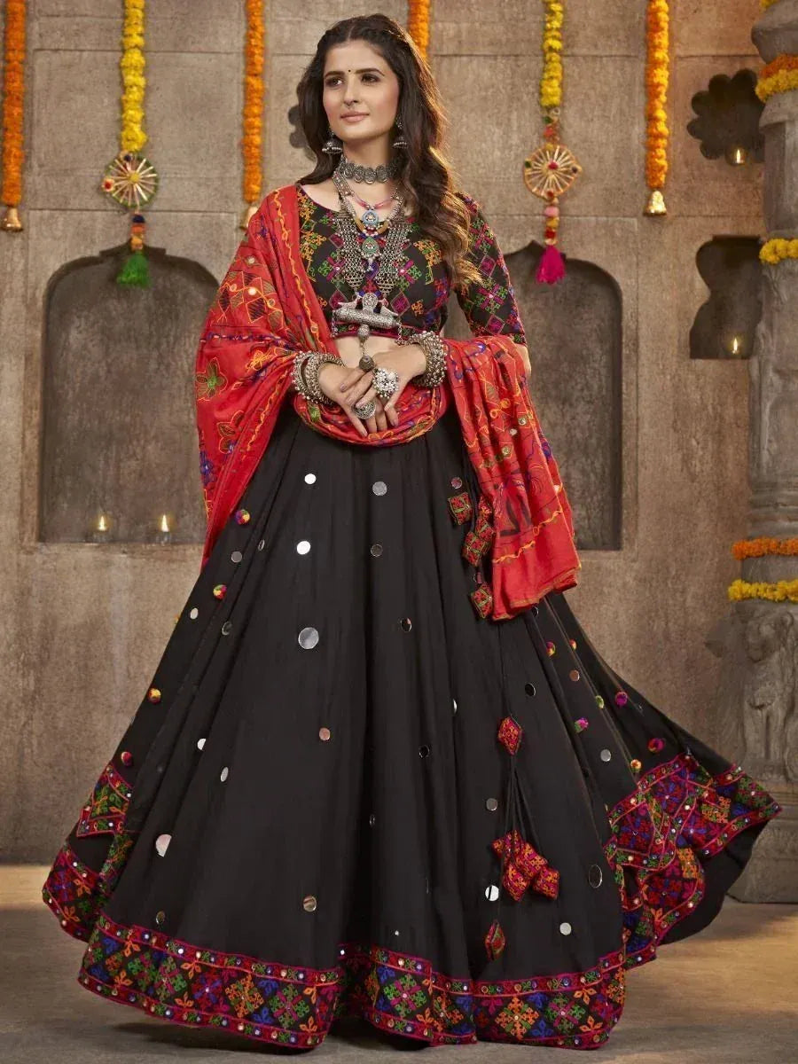 Black and red embroidered lehenga choli with mirror work, perfect for Indian ethnic wear occasions