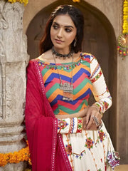 Lovely Pearl White Embroidered Rayon Navaratri Wear Lehenga Choli