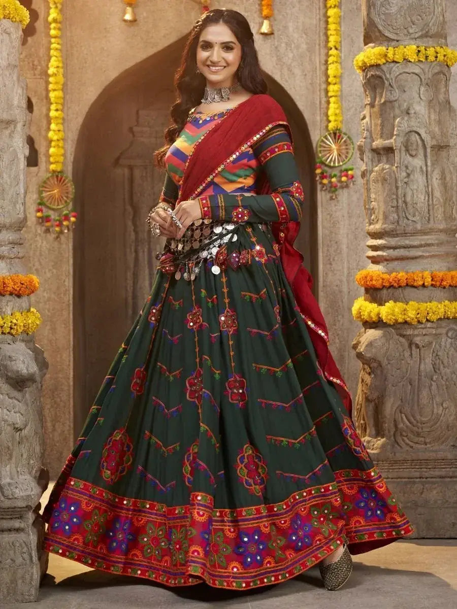 Attractive Green Embroidered Rayon Navaratri Wear Lehenga Choli