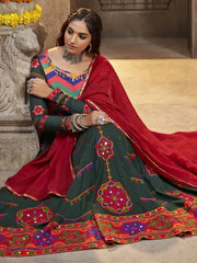 Attractive Green Embroidered Rayon Navaratri Wear Lehenga Choli