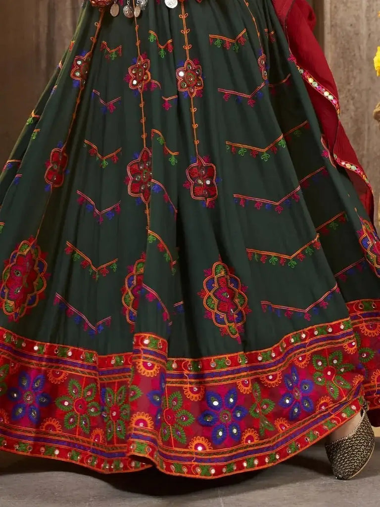 Attractive Green Embroidered Rayon Navaratri Wear Lehenga Choli