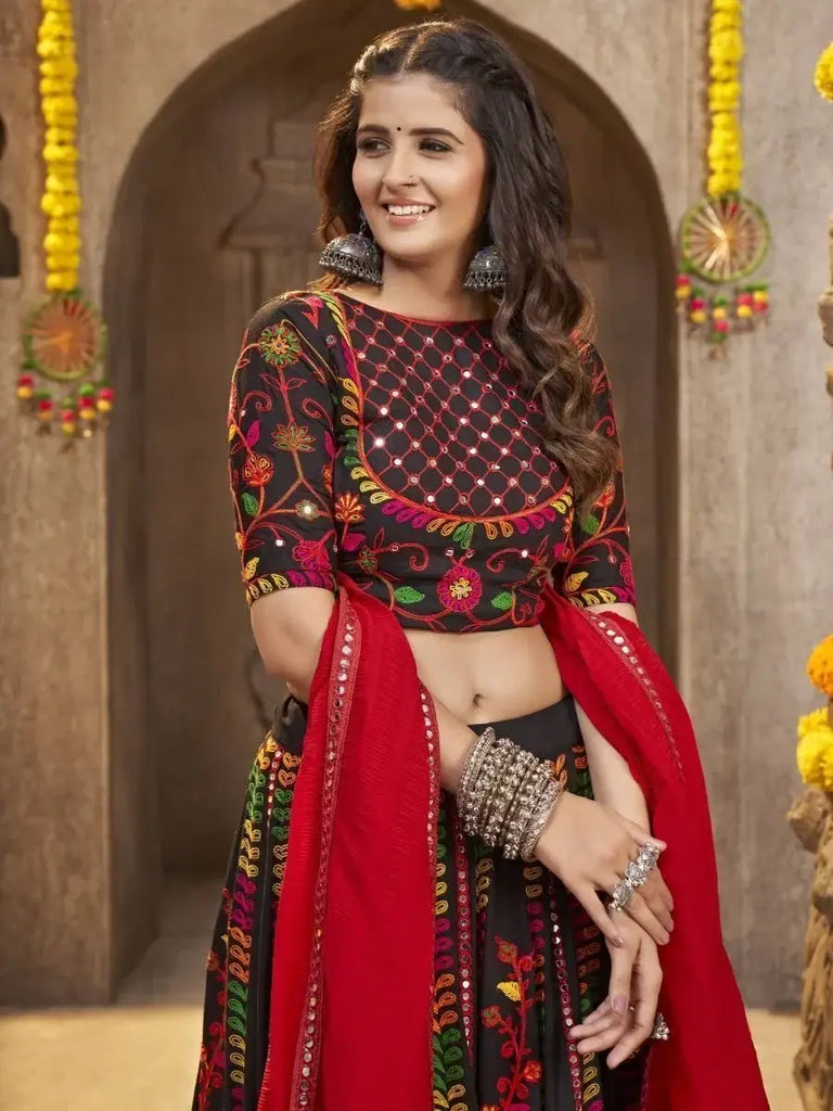 Pretty Black Embroidered Rayon Navaratri Wear Lehenga Choli