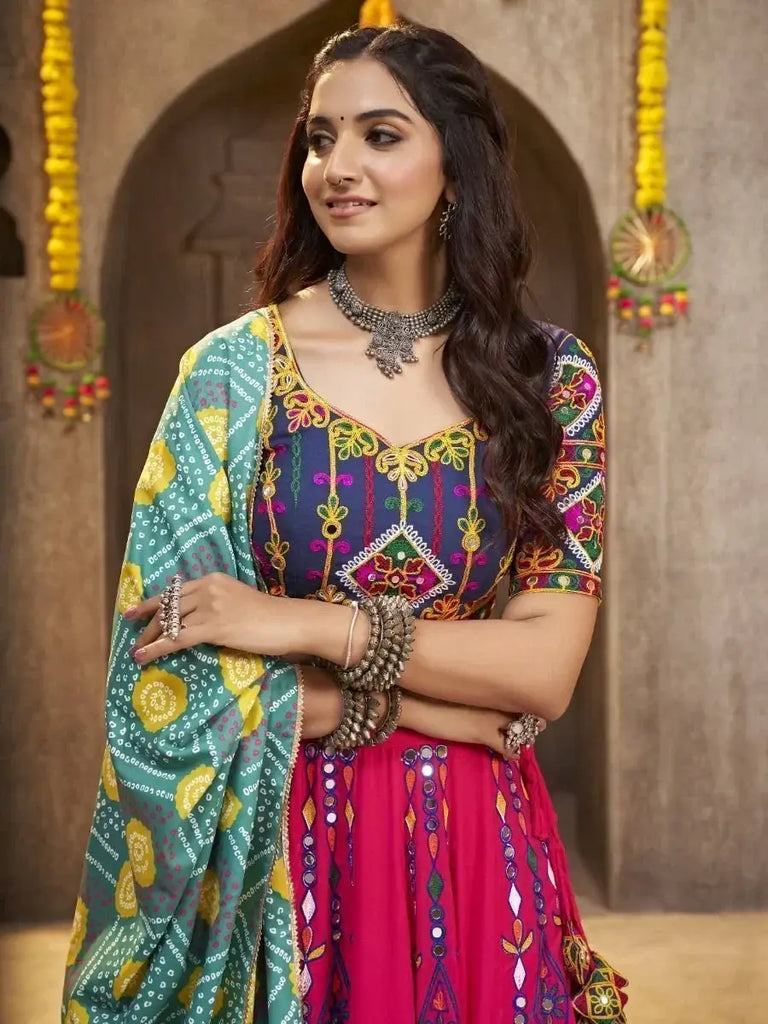 Lovely Deep Pink Embroidered Rayon Navaratri Wear Lehenga Choli