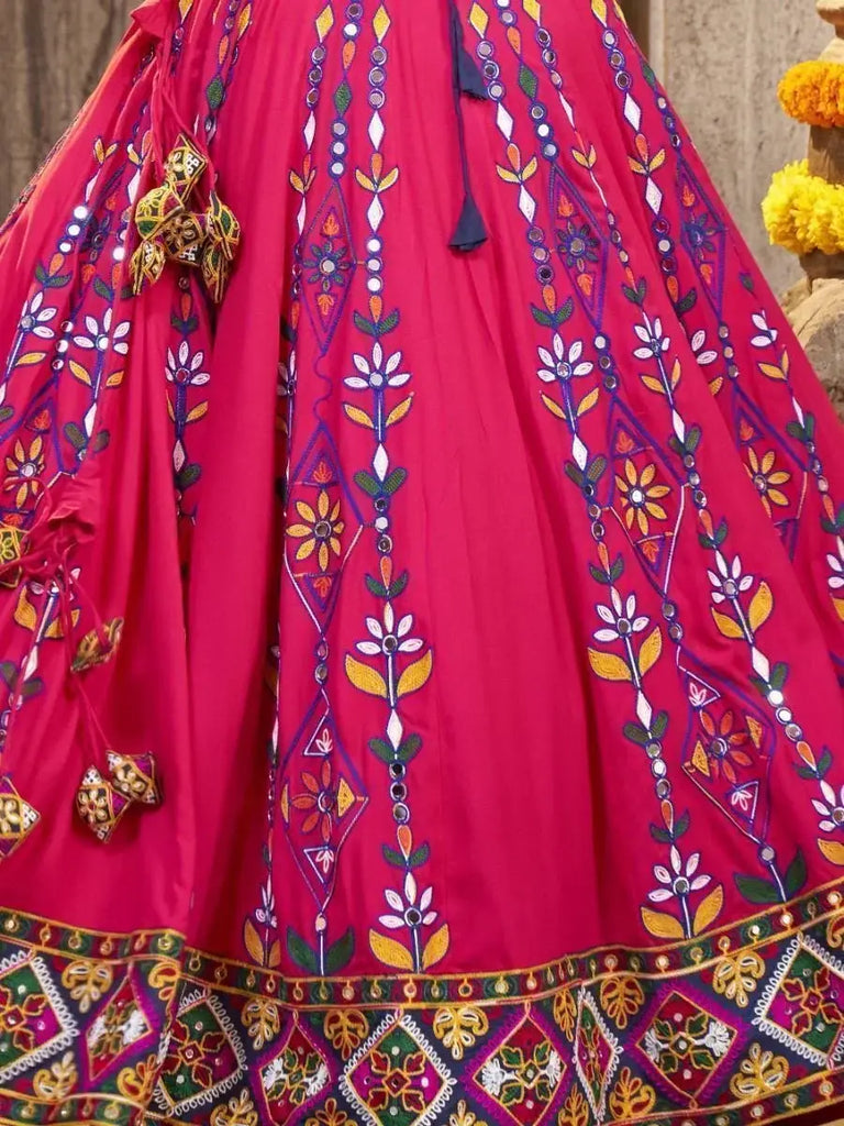 Lovely Deep Pink Embroidered Rayon Navaratri Wear Lehenga Choli
