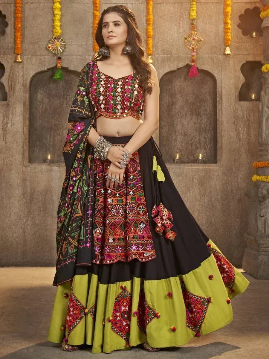 Black and lime green embroidered lehenga choli with mirror work, perfect for Indian ethnic occasions