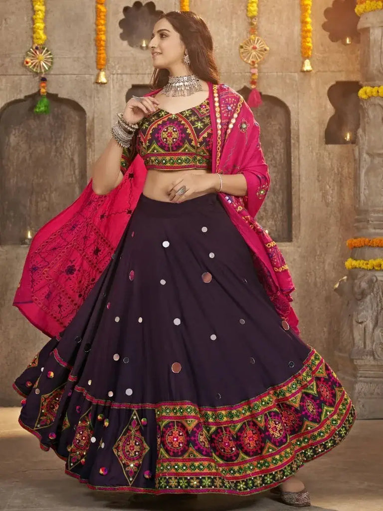 Attractive Purple Embroidered Rayon Navaratri Wear Lehenga Choli