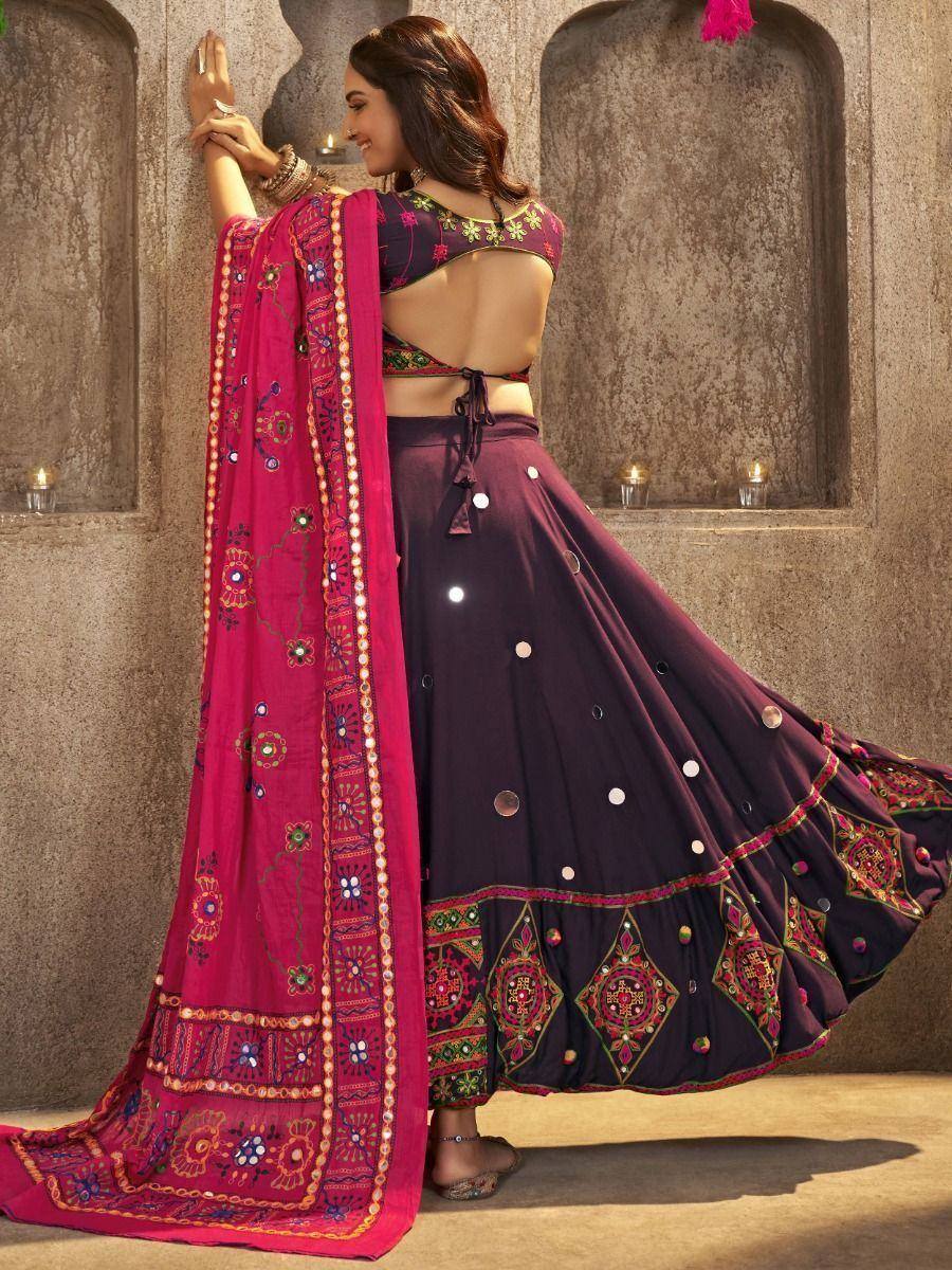 Purple embroidered lehenga choli with pink dupatta, Indian ethnic wear for women