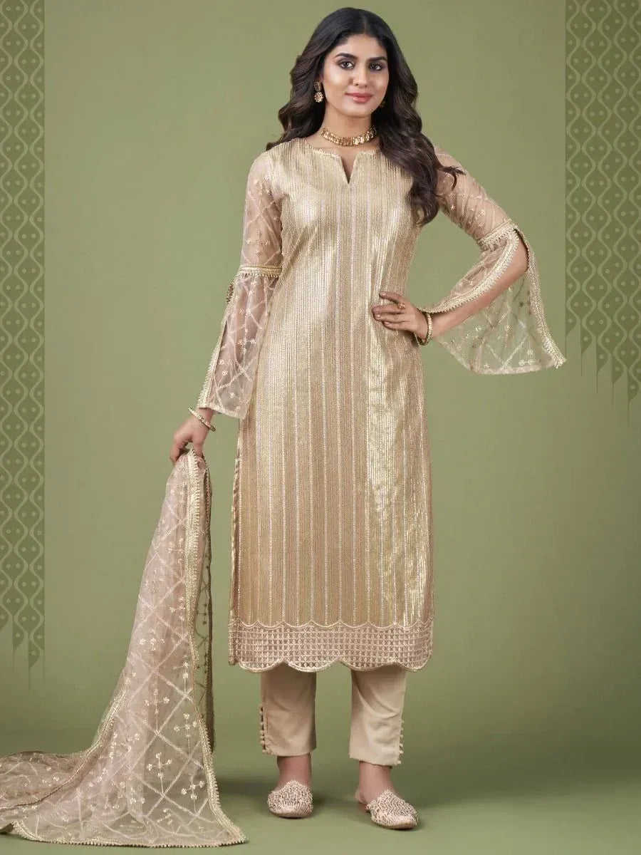 Elegant gold embroidered salwar kameez with bell sleeves and matching dupatta, perfect for festive occasions