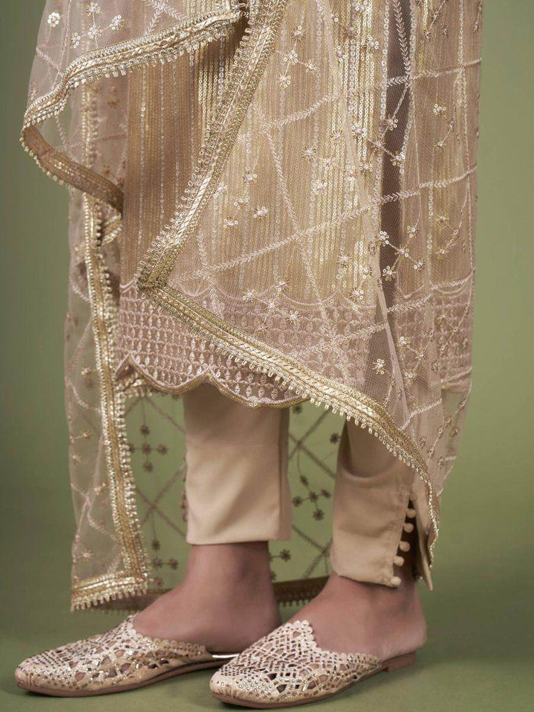 Stylish Beige Sequiened Butterfly Net Festive Salwar Kameez