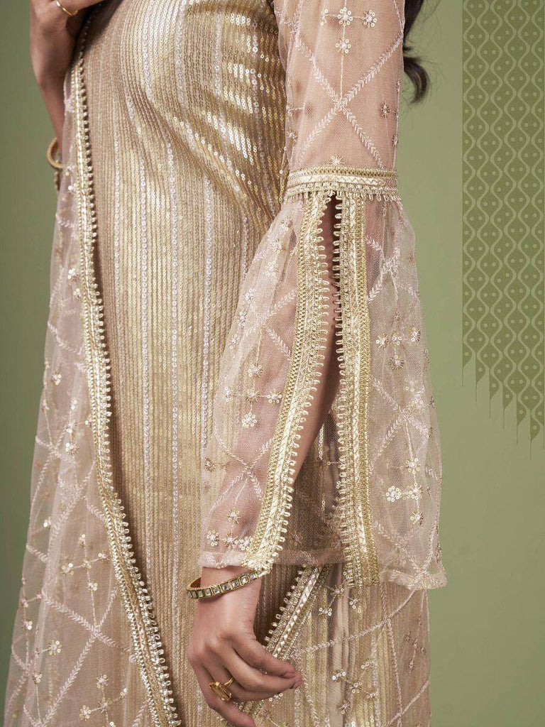 Stylish Beige Sequiened Butterfly Net Festive Salwar Kameez