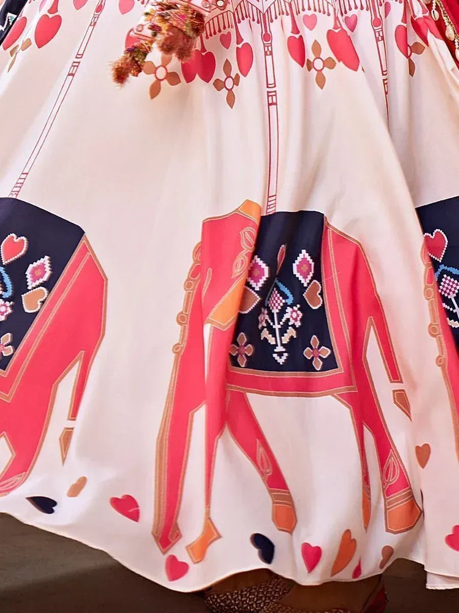 Ethnic printed lehenga with elephant motifs and heart patterns, ideal for festive occasions