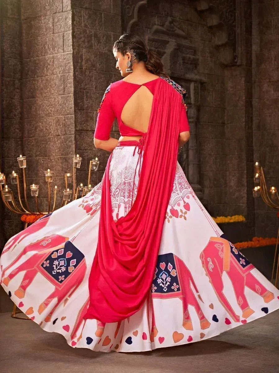 Pink and white printed lehenga choli with elephant motifs, backless blouse, and flowing dupatta for ethnic wear