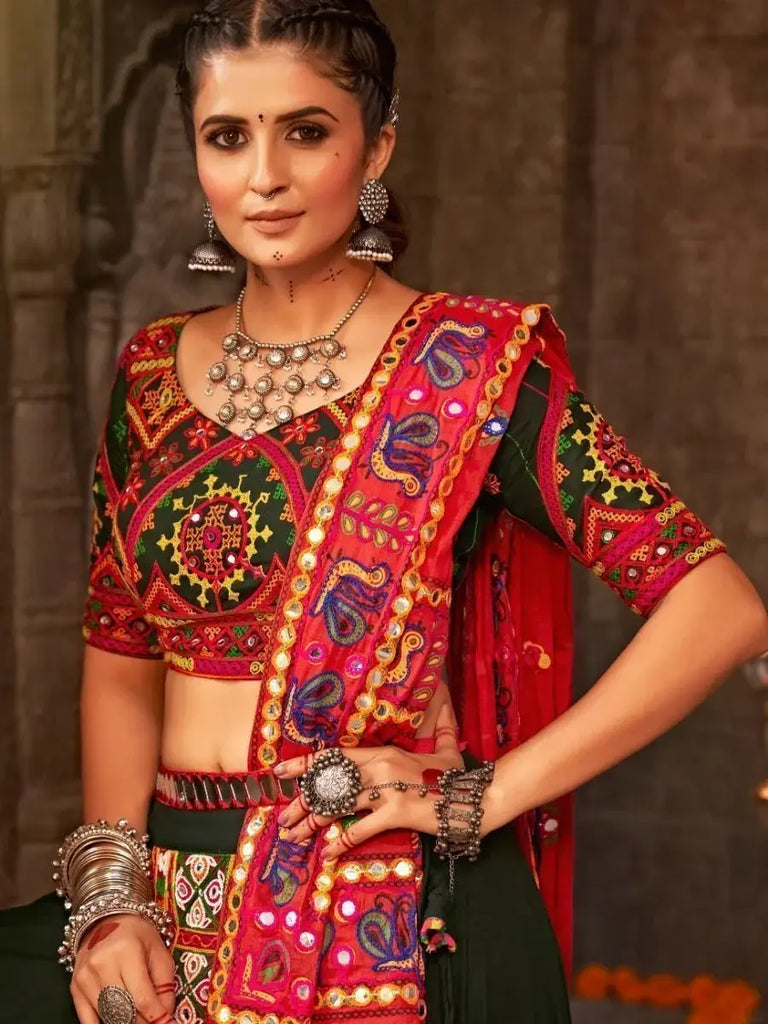 Attractive Green Thread Embroidered Rayon Navaratri Wear Lehenga Choli