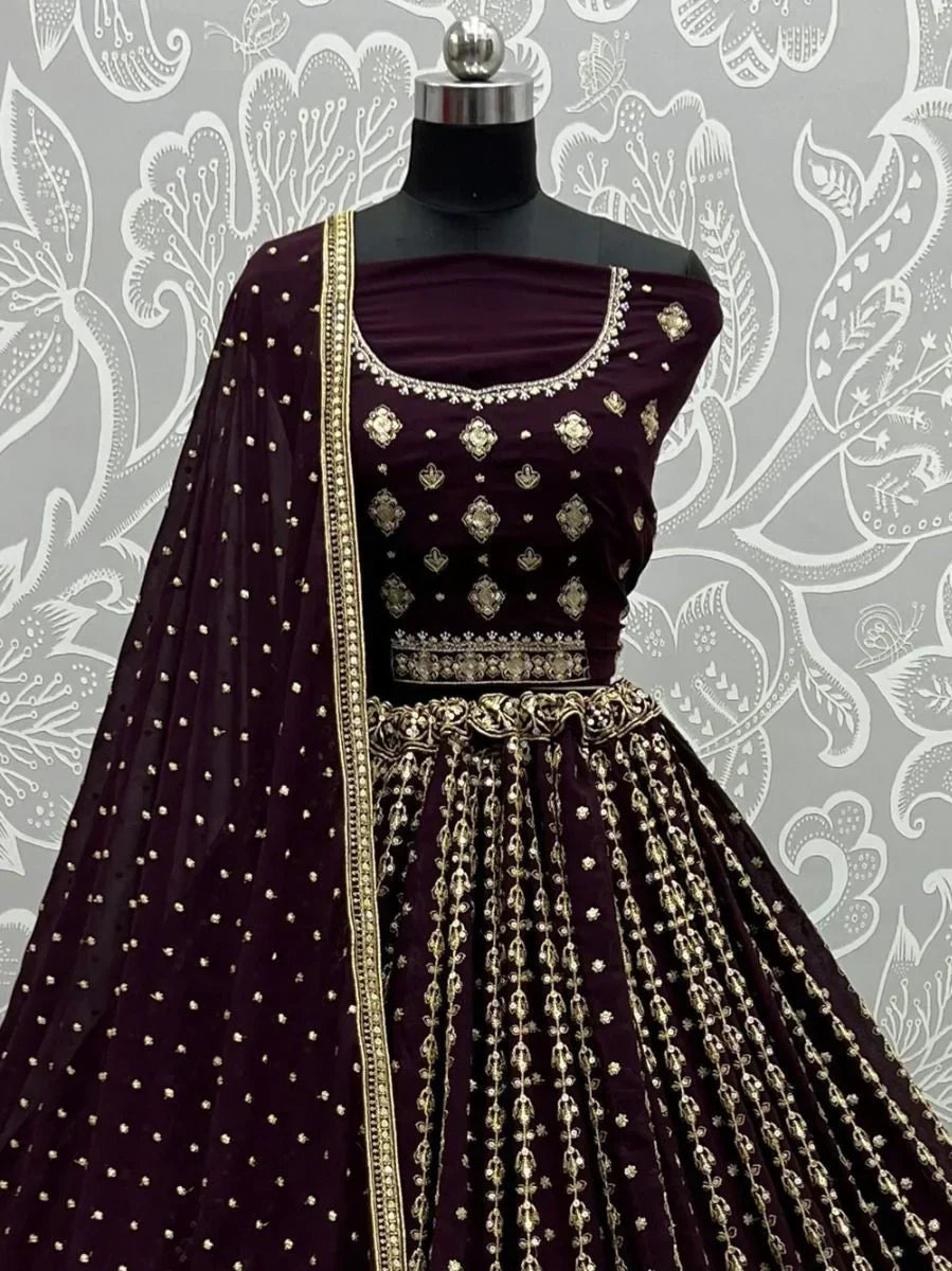 Stunning Purple Sequins Embroidery Georgette Bridal Lehenga Choli