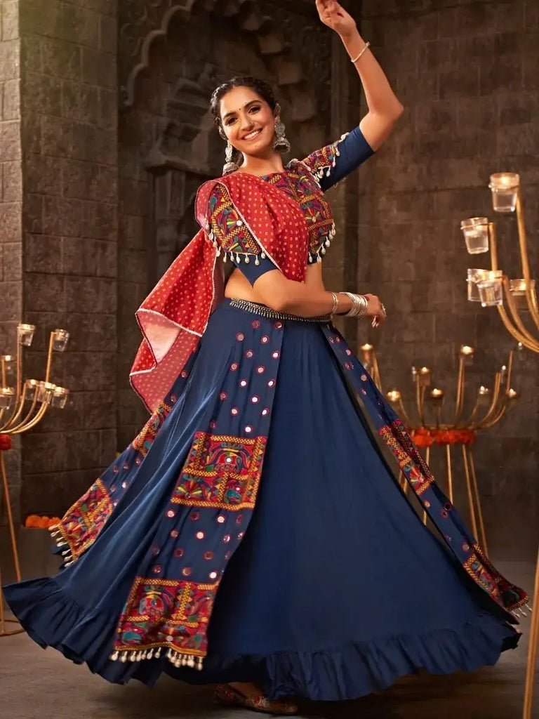 Traditional Blue Embroidered Rayon Navratri Wear Lehenga Choli