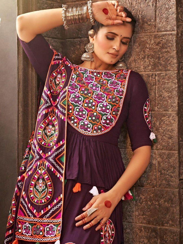 Beautiful Purple Mirror work Rayon Navratri Wear Lehenga Choli