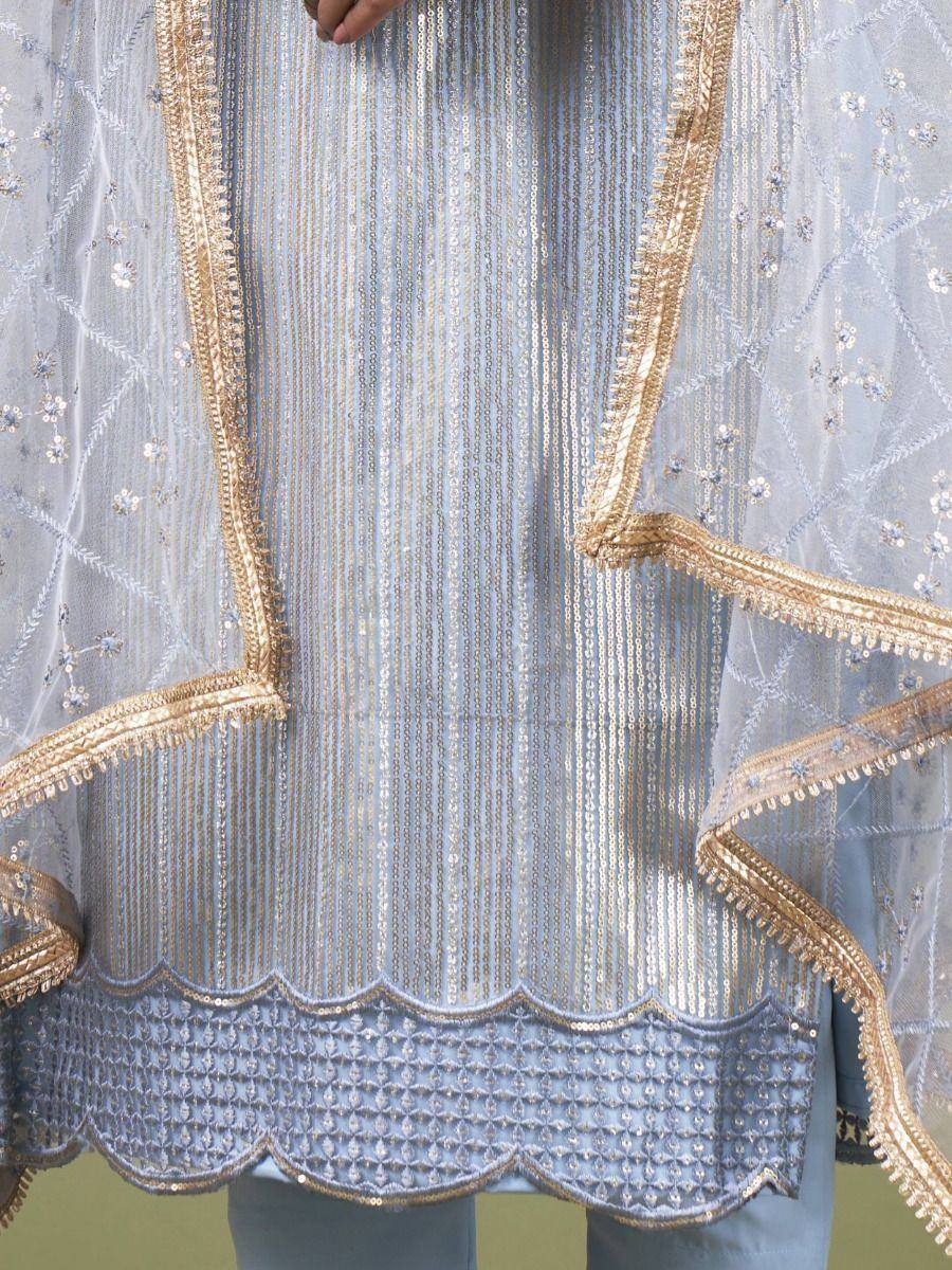 Light blue designer ethnic kurta with gold embroidery and sequin detailing, perfect for festive occasions