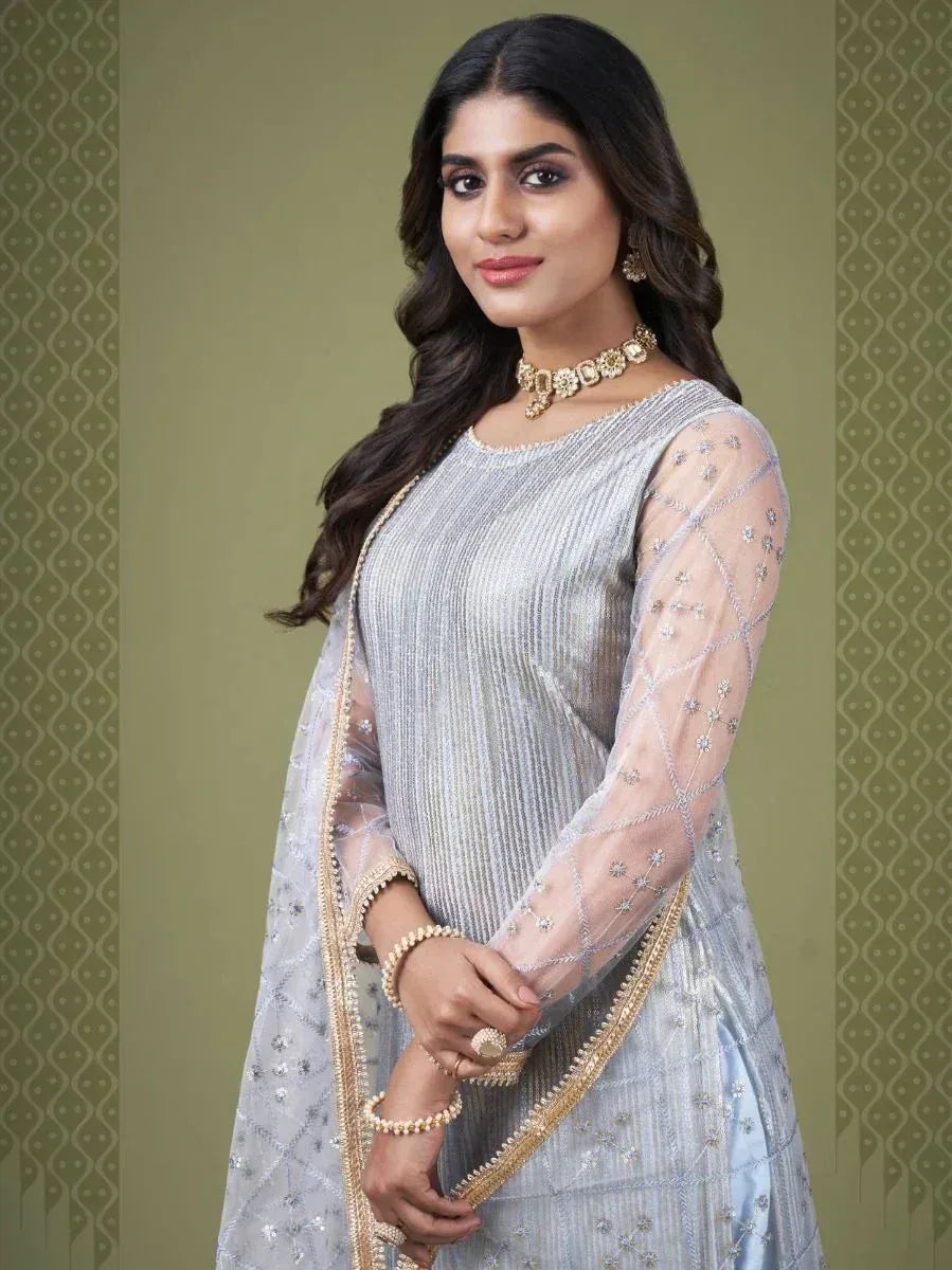 Elegant silver ethnic gown with sheer embroidered sleeves and gold trim, perfect for Indian celebrations.