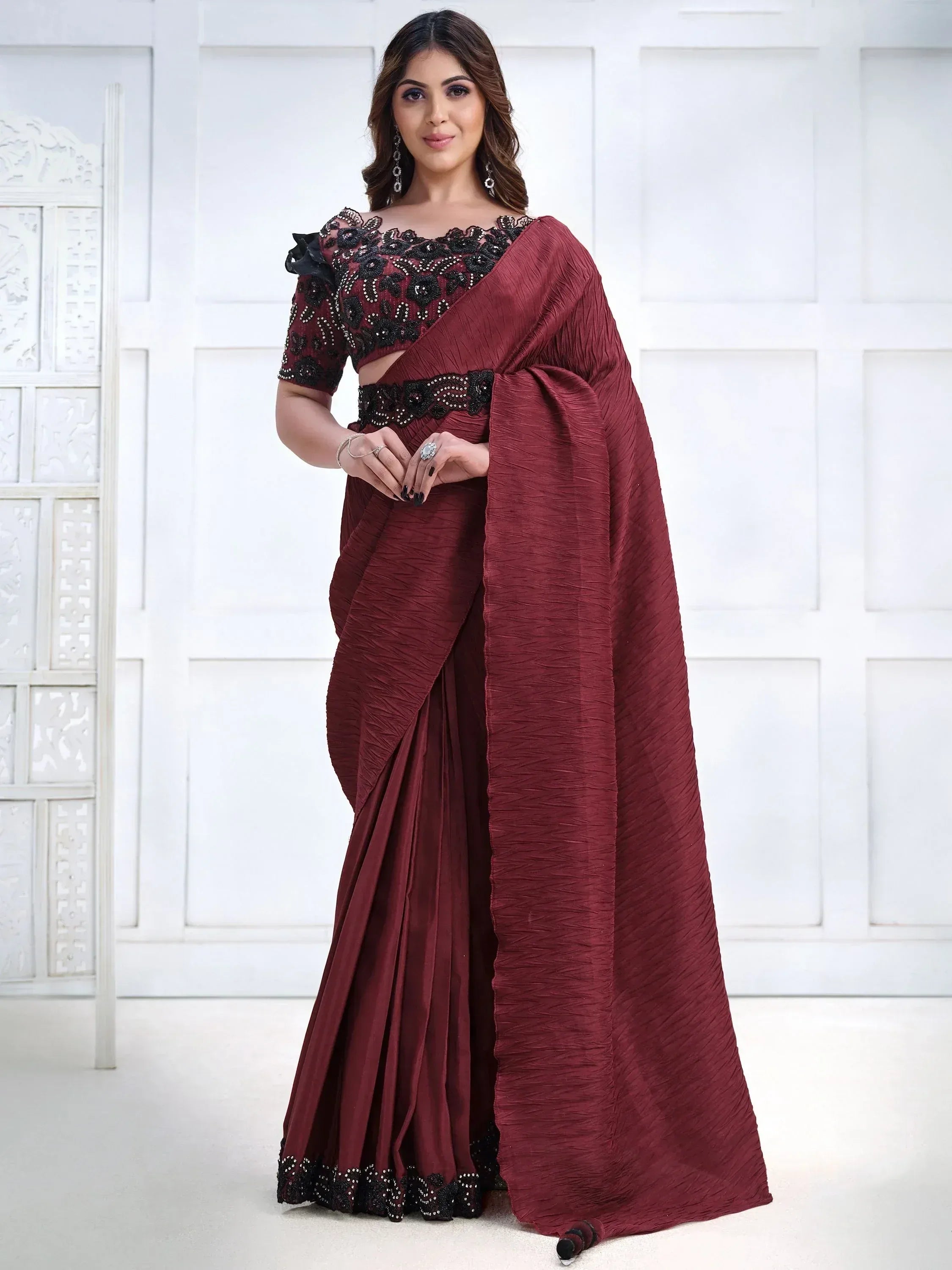 Maroon saree with black lace blouse, ethnic Indian wear for women
