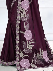Magnificent Wine Patch Work Satin Party Wear Saree With Blouse