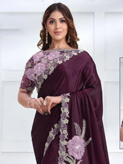 Magnificent Wine Patch Work Satin Party Wear Saree With Blouse