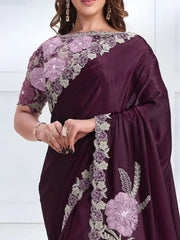 Magnificent Wine Patch Work Satin Party Wear Saree With Blouse