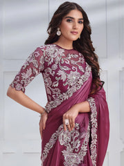 Glorious Magenta Patch Work Satin Reception Wear Saree With Blouse