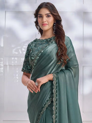 Spectacular Green Patch Work Satin Engagement Wear Saree With Blouse