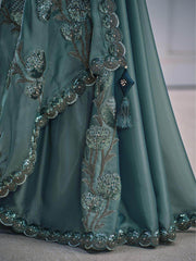 Spectacular Green Patch Work Satin Engagement Wear Saree With Blouse
