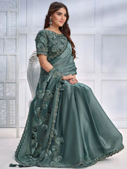 Spectacular Green Patch Work Satin Engagement Wear Saree With Blouse