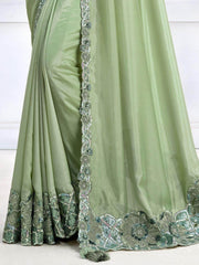 Breathtaking Pastel Green Patch Work Satin Event Wear Saree