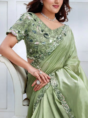 Breathtaking Pastel Green Patch Work Satin Event Wear Saree