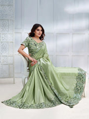 Breathtaking Pastel Green Patch Work Satin Event Wear Saree