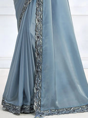 Enthralling Sky Blue Heavy Bordered Satin Wedding Wear Saree