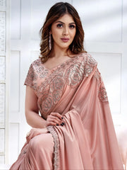 Stupendous Peach Patch Work Georgette Party Wear Saree With Blouse